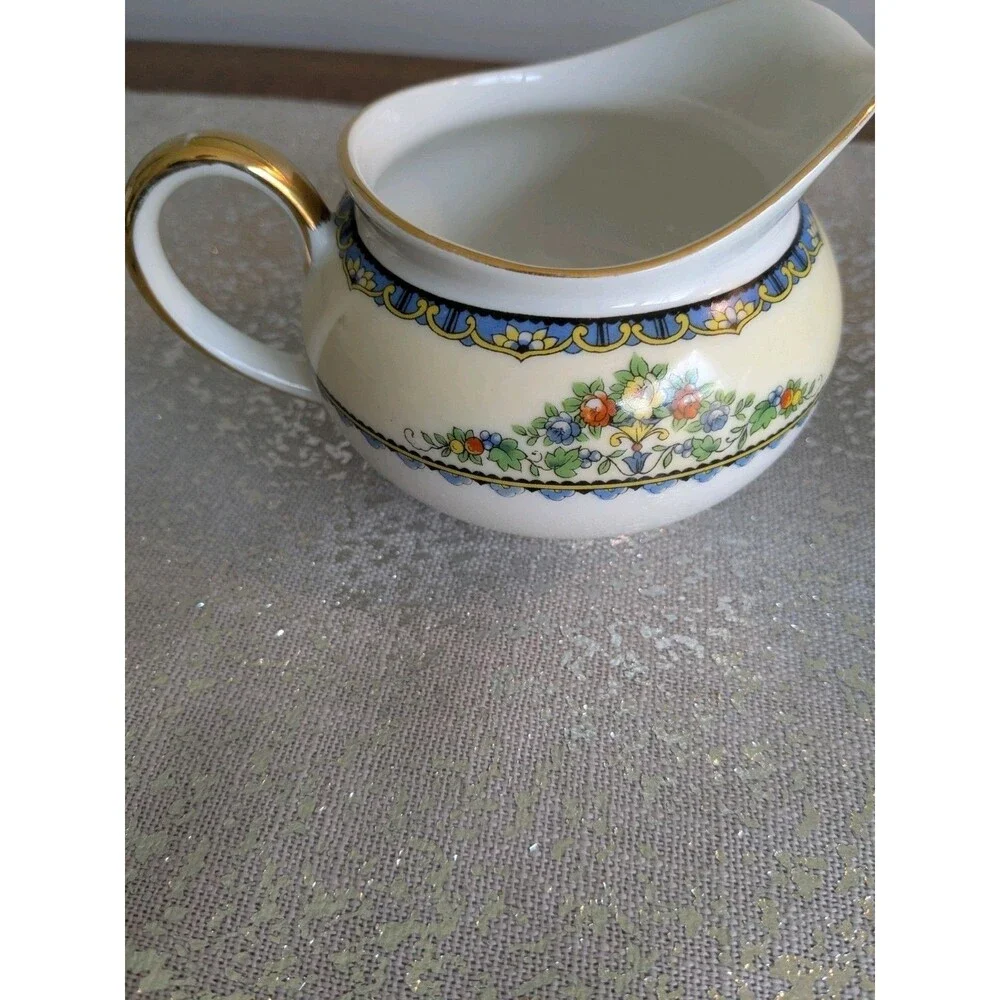 Noritake Avril China Creamer & Sugar w Lid 1918-1931 Floral Gold Blue Antique